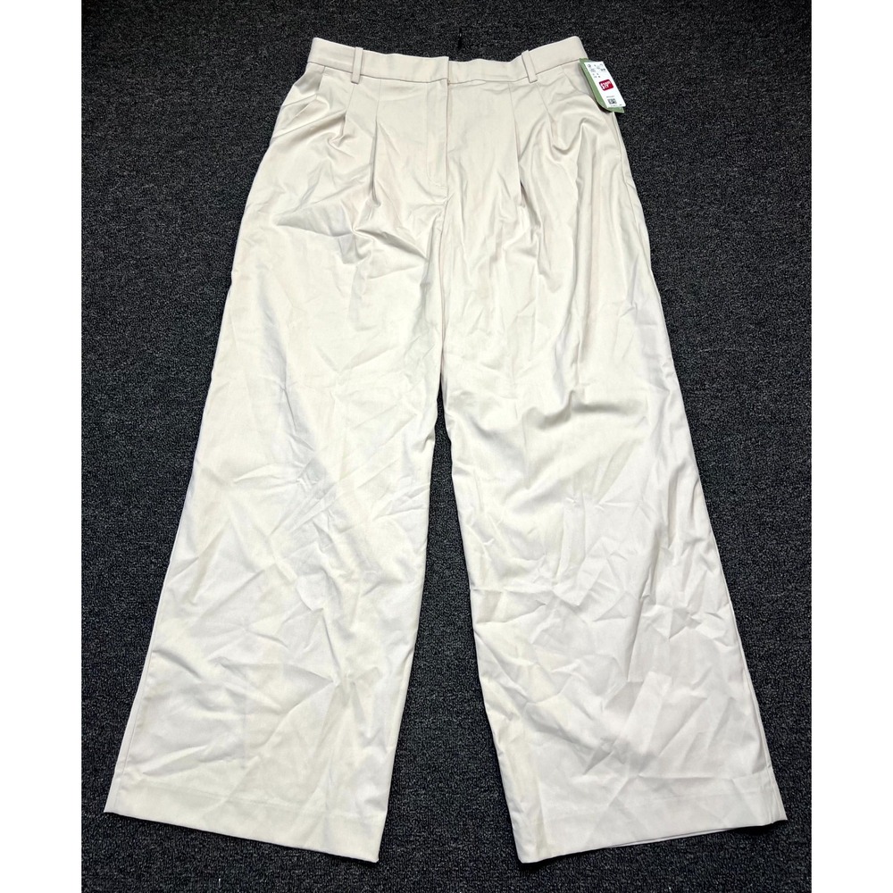 H&M Dress Pants Women's 14 Beige Pleated Regular Fit Wide Leg Formal Business